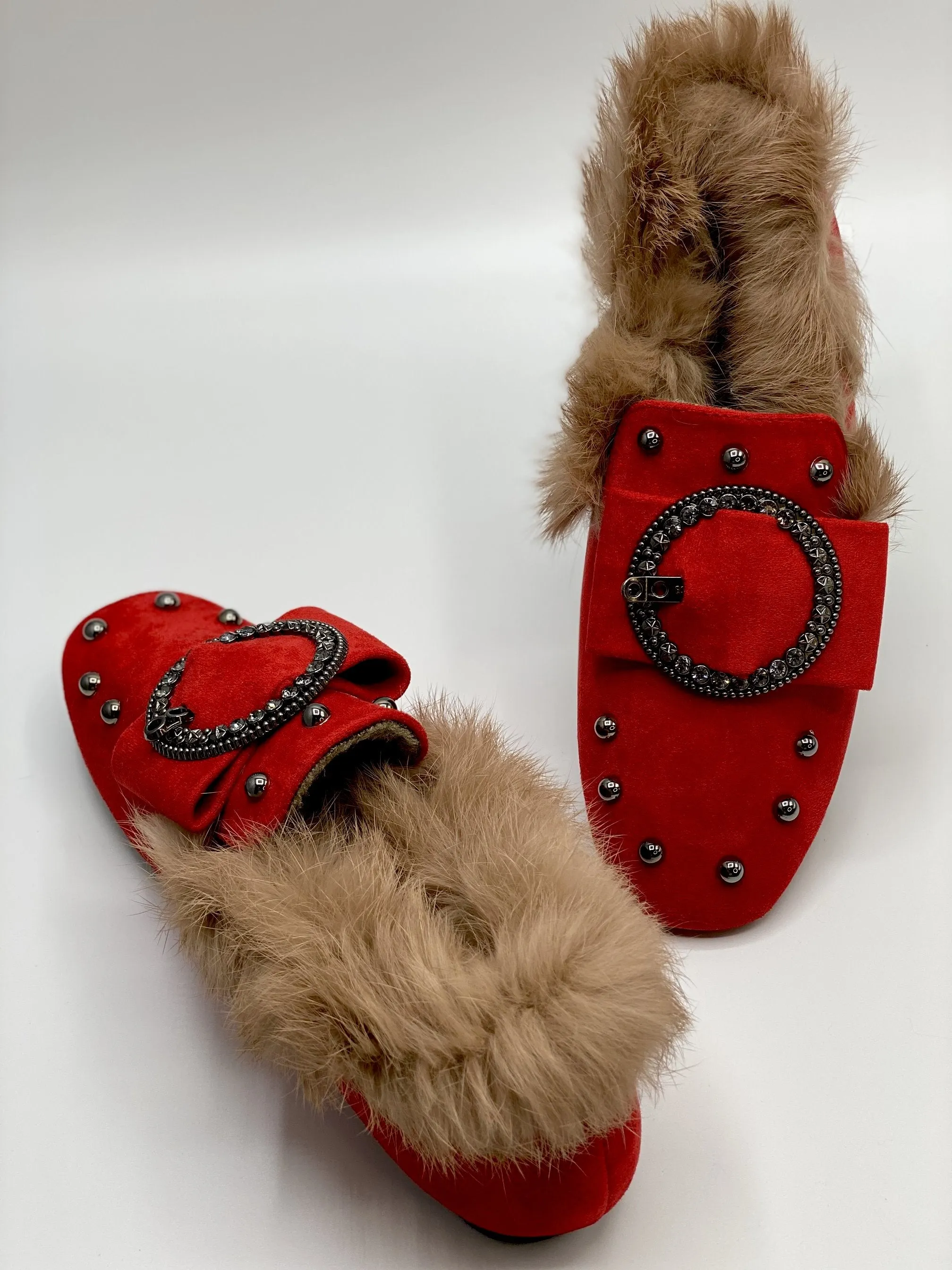 Forever Comfort Studded Faux Fur Loafers (Red)