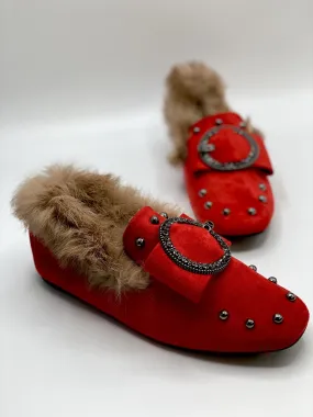 Forever Comfort Studded Faux Fur Loafers (Red)