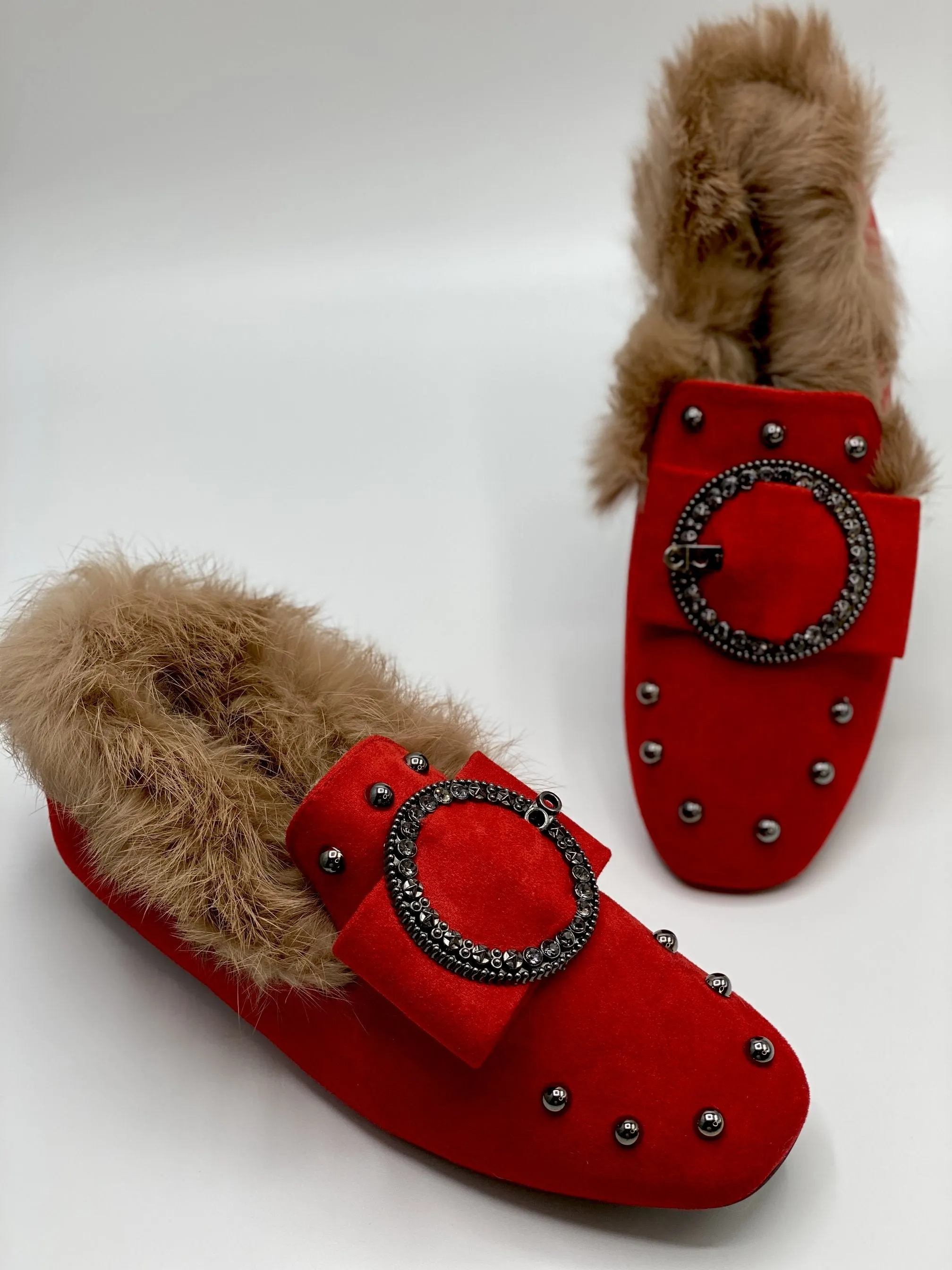 Forever Comfort Studded Faux Fur Loafers (Red)