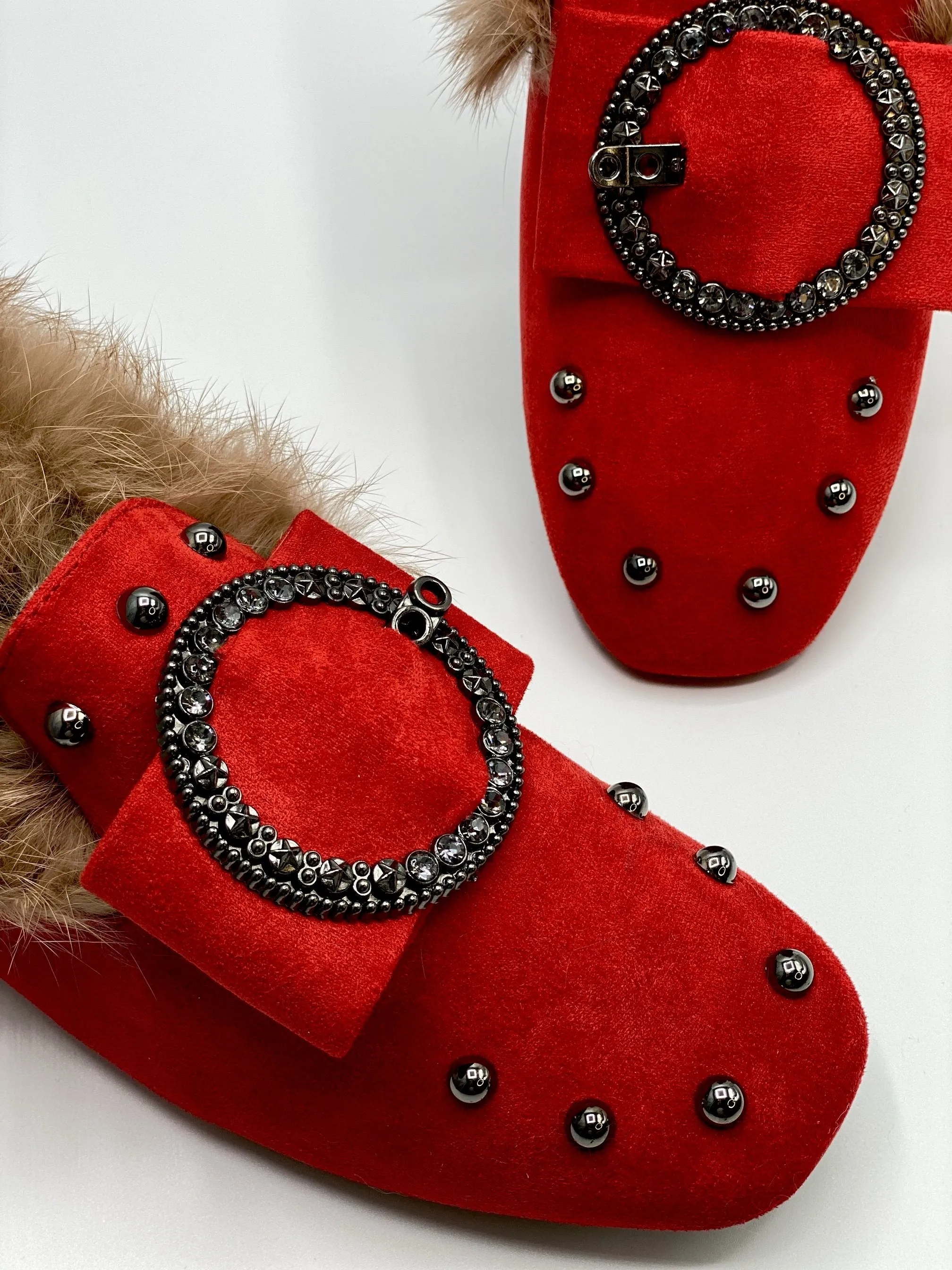 Forever Comfort Studded Faux Fur Loafers (Red)