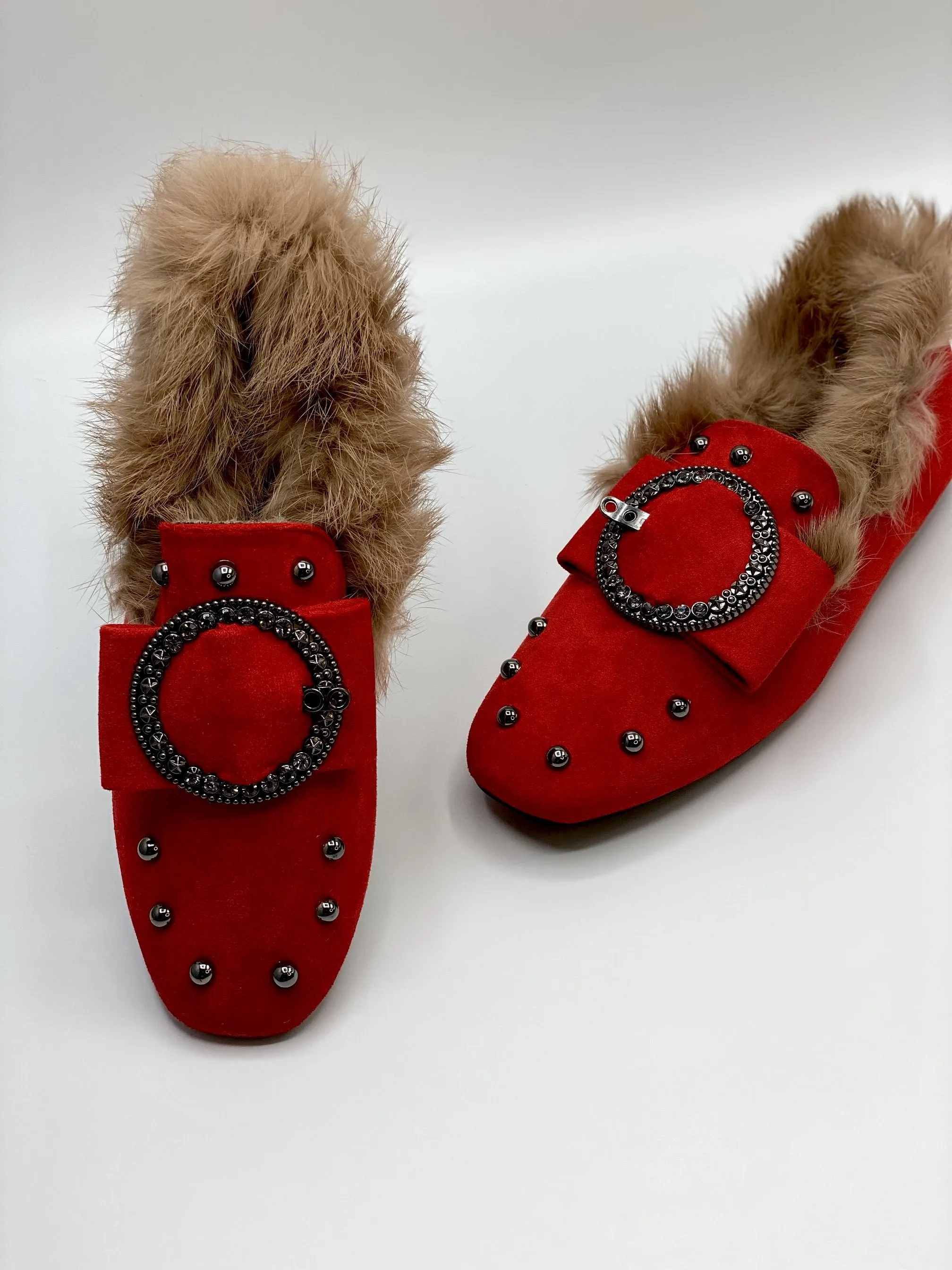 Forever Comfort Studded Faux Fur Loafers (Red)