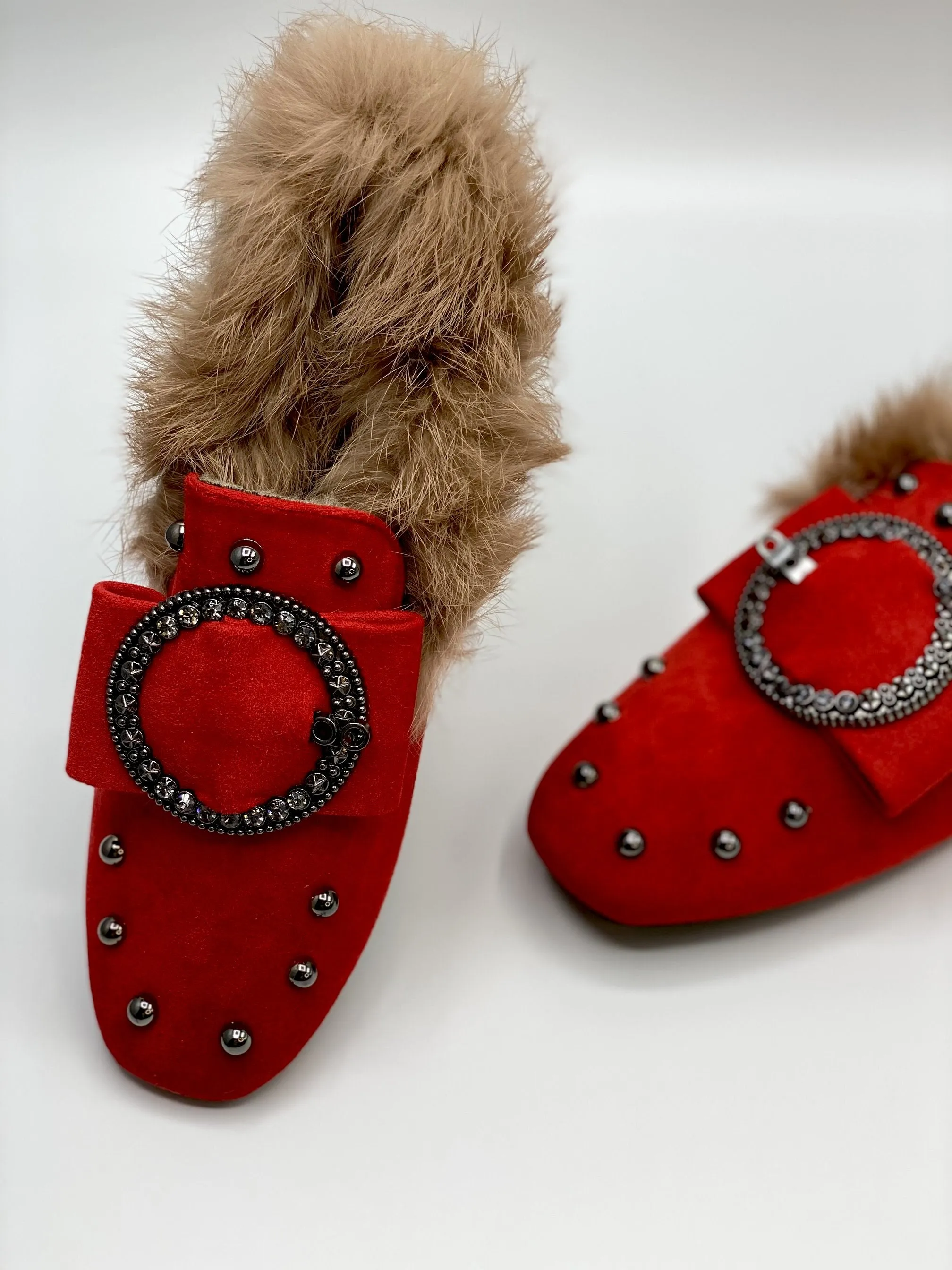 Forever Comfort Studded Faux Fur Loafers (Red)
