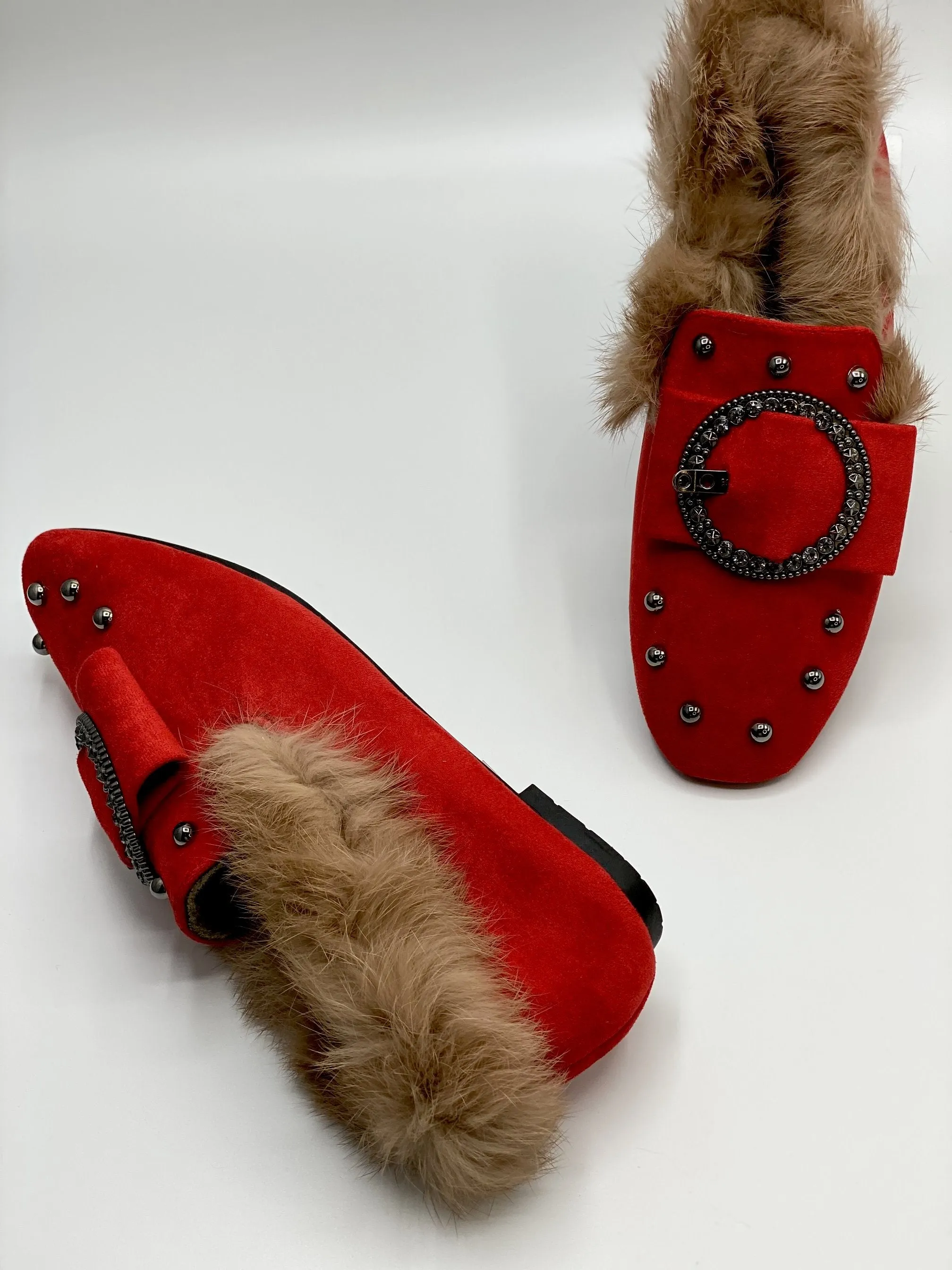 Forever Comfort Studded Faux Fur Loafers (Red)