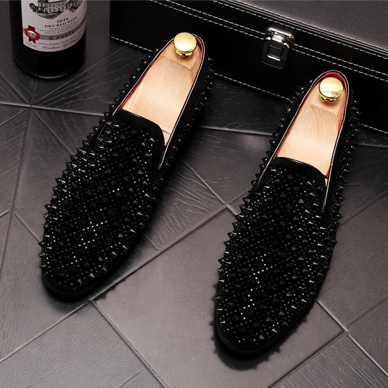 Luxury Brand Men's Fashion Rivets Shoes Black Punk Flats Loafers