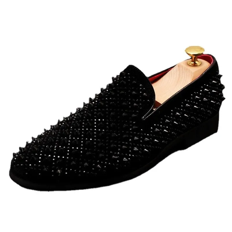 Luxury Brand Men's Fashion Rivets Shoes Black Punk Flats Loafers