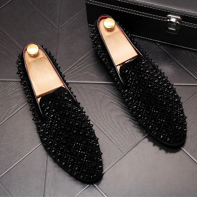Luxury Brand Men's Fashion Rivets Shoes Black Punk Flats Loafers