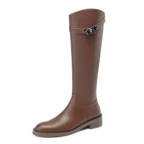 TinaCus Women's Round Toe Genuine Leather Handmade Chunky Heel Modern Buckle Side Zip Knee High Boots